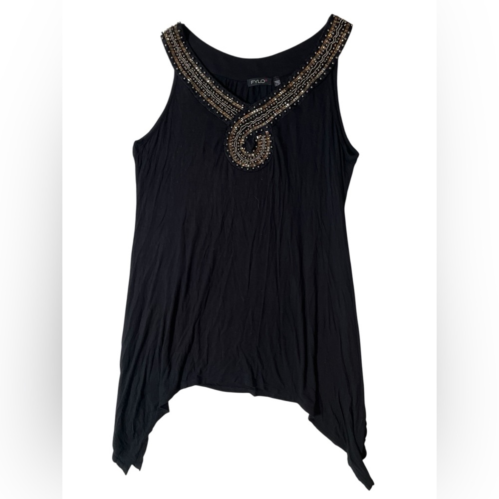 FYLO‎ High Low Black Gold Beaded Embellished Sleeveless Tunic Top Size XL Boho